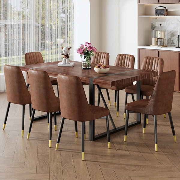 English Elm Table & Chair Set: Industrial Walnut Dining Table With 8 Brown Suede Chairs For Modern Spaces W1151S02433-GIGA