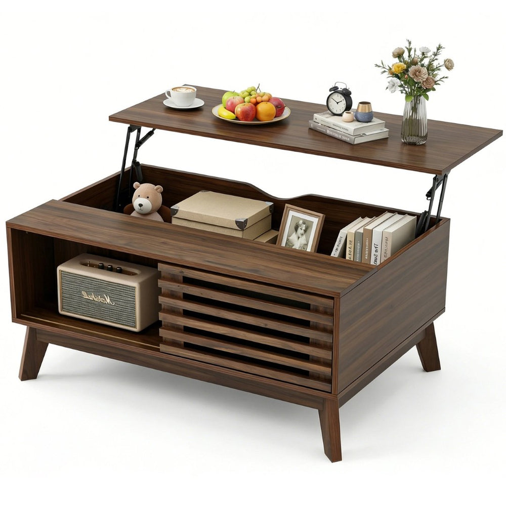 English Elm Lift Top Coffee Table Walnut Finish Mid Century Hidden Storage Slatted Cabinet W3204P465920