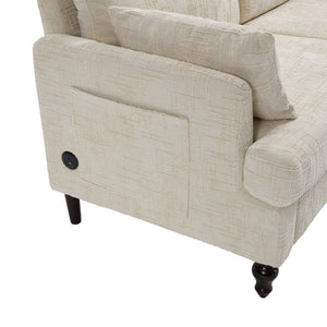 English Elm Modern chenille 2-seater sofa with LED lighting, USB charging, storage pocket, sturdy wood legs Beige W395P318540