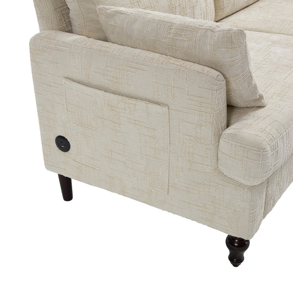 English Elm Modern chenille 2-seater sofa with LED lighting, USB charging, storage pocket, sturdy wood legs Beige W395P318540