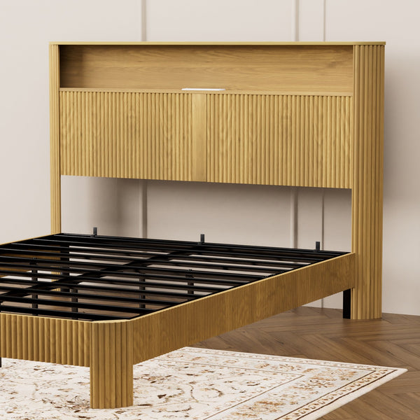 English Elm Queen Modern queen storage bed with wavy headboard, built-in USB charging, silent metal support system Natural W1162P357260