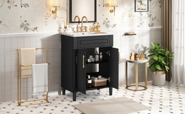 English Elm 24" Bathroom Vanity with Integrated Ceramic Sink and Adjustable Shelf, Vintage Hardware, Space-Saving Design Black N710P277711B