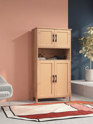 English Elm Mid-Century Woven Rattan Door Storage Cabinet with Adjustable Shelves and Solid Wood Legs, Stylish and Functional Natural 27.6 L x 15 W x 8.7 H W3151P288912