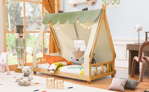 English Elm Twin Cabin Bed with Detachable Tent Skylight and Woodland Deer Antler Accents White N708P356716K