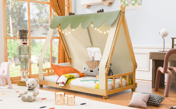 English Elm Twin Cabin Bed with Detachable Tent Skylight and Woodland Deer Antler Accents White N708P356716K