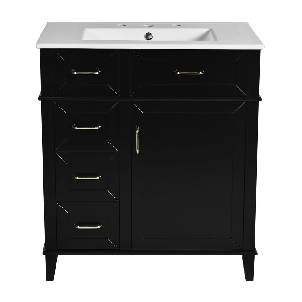 English Elm 30-Inch Bathroom Vanity with Ceramic Sink, Gold Handles, Solid Wood Frame and Soft-Close Drawers Black N729P195052B