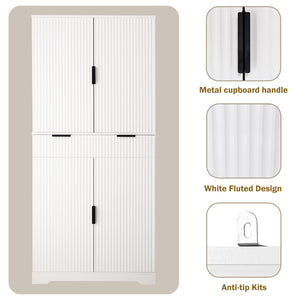 English Elm 72" Fluted Kitchen Pantry Cabinet with Anti-Tilt Stabilizers, Triple-Fold Hinges, Spice Door Racks and Deep Storage White W2917P294978