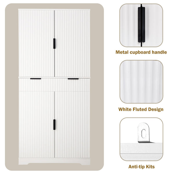 English Elm 72" Fluted Kitchen Pantry Cabinet with Anti-Tilt Stabilizers, Triple-Fold Hinges, Spice Door Racks and Deep Storage White W2917P294978
