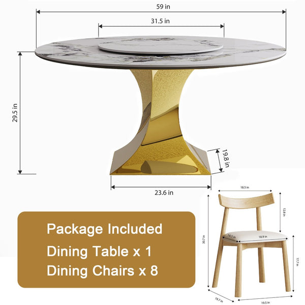English Elm 59" Round Sintered Stone Table Set Seats Eight with Gold Hourglass Base Lazy Susan W2700S00131