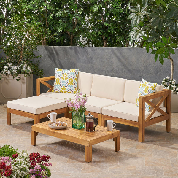 English Elm Christopher Knight Home® - ALCOVE Handcrafted L-Shape Sofa Set with Acacia Wood Frame, Water-Resistant Cushions, Ottoman Table Included Beige 63714.00BGE
