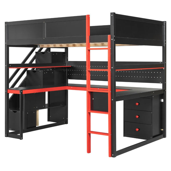 English Elm Full Size Gaming Loft Bed with Led Lighting Desk Shelves and Usb Charging Ports N820S00071J