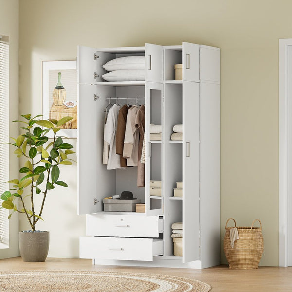 English Elm 3-door Mirrored Wardrobe with Full Length Dressing Mirror Drawers and Top Cabinet White LP006005AAK