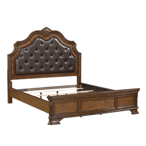 English Elm Formal Queen Bed With Sleigh-Style Upholstered Headboard, Dark Brown Finish & Intricate Carvings B011S02038