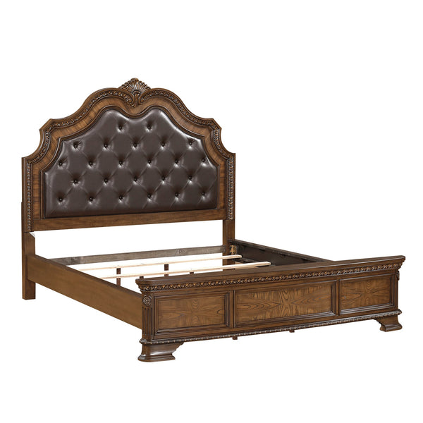 English Elm Formal California King Bed With Elegant Upholstered Headboard & Intricate Wood Carvings - Luxurious Design B011S02039