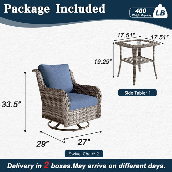 English Elm Jb Outdoor Swivel Rocker Chair Set with Pe Rattan Weave and Tempered Glass Side Table W5382S00010