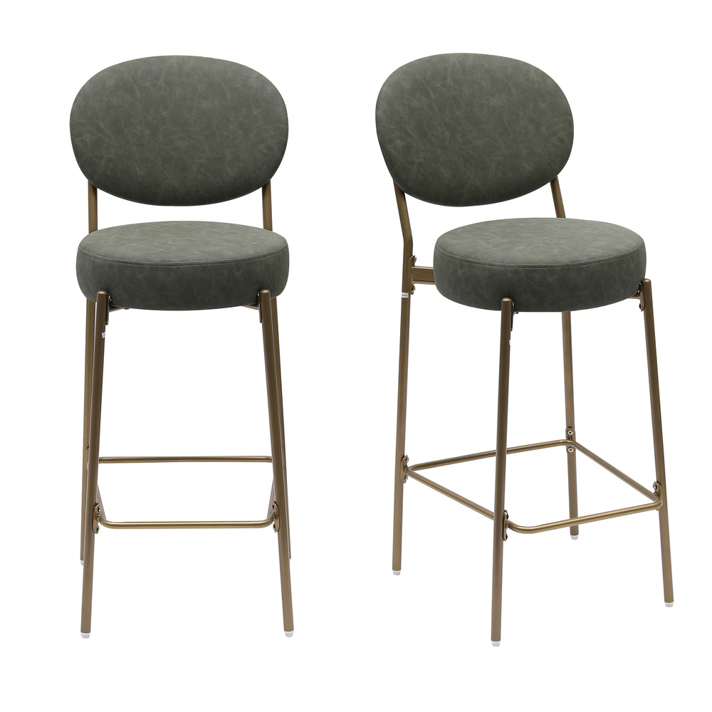 English Elm 29'' Modern Upholstered Bar Stools Set of 2 Green Faux Leather Seats with Gold Metal Frame & Footrest W1757P227879