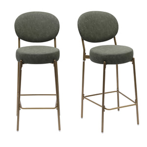 English Elm 29'' Modern Upholstered Bar Stools Set of 2 Green Faux Leather Seats with Gold Metal Frame & Footrest W1757P227879