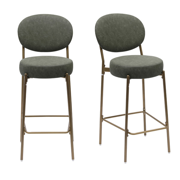 English Elm 29'' Modern Upholstered Bar Stools Set of 2 Green Faux Leather Seats with Gold Metal Frame & Footrest W1757P227879