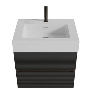 English Elm 24' Mid-Century Wall-Mounted Vanity with Engineered Quartz Basin, Hidden Handle, Extra Storage, Soft-Close Drawers Black+Brown W1865S00170