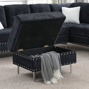 English Elm Sectional L-Shaped Chenille Sofa with Chaise Storage Ottoman, Metal Eucalyptus Frame, 4-Seater Spacious Navy Blue W1413S00118
