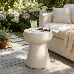 English Elm U_style Sculptural Mushroom Pedestal Table Travertine Mgo Stone Look Patio Accent Beige N711P422070K