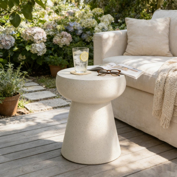 English Elm U_style Sculptural Mushroom Pedestal Table Travertine Mgo Stone Look Patio Accent Beige N711P422070K