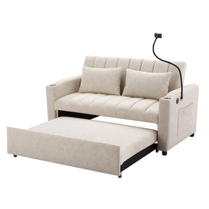 English Elm 55.9" Convertible Sofa Bed Loveseat with 3 USB Ports, Cup Holders, Side Pockets & 360° Phone Swivel Beige WF322620AAA