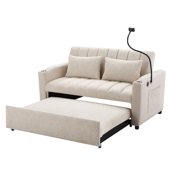 English Elm 55.9" Convertible Sofa Bed Loveseat with 3 USB Ports, Cup Holders, Side Pockets & 360° Phone Swivel Beige WF322620AAA