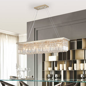 English Elm Modern Crystal Chandelier Rectangular 8-Light Raindrop Pendant for Kitchen Island Dining Room Gold W2312P368689