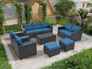English Elm 10 PE Rattan Patio Furniture Set - 10-Piece Sectional Sofa with Dark Blue Cushions & Glass Storage Table Dark Brown W1703S00043
