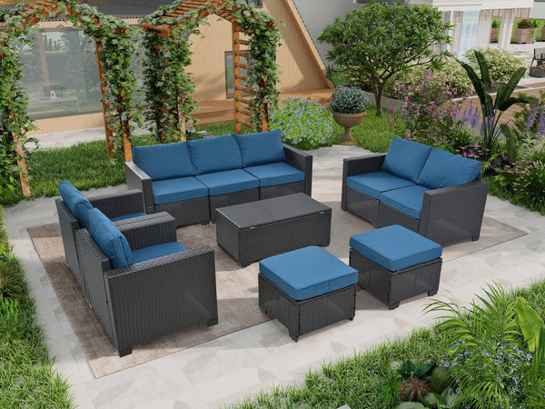 English Elm 10 PE Rattan Patio Furniture Set - 10-Piece Sectional Sofa with Dark Blue Cushions & Glass Storage Table Dark Brown W1703S00043