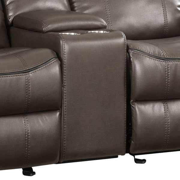 English Elm Lydia Brown Faux Leather Aire Motion Loveseat with USB, Console & Cupholder — Pocket Coil Comfort B2726P266165