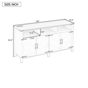 English Elm U_style 59 Inch Sideboard Buffet with Built in Power Outlets Open Cubbies Metal Accents Natural Wood N711P347407O