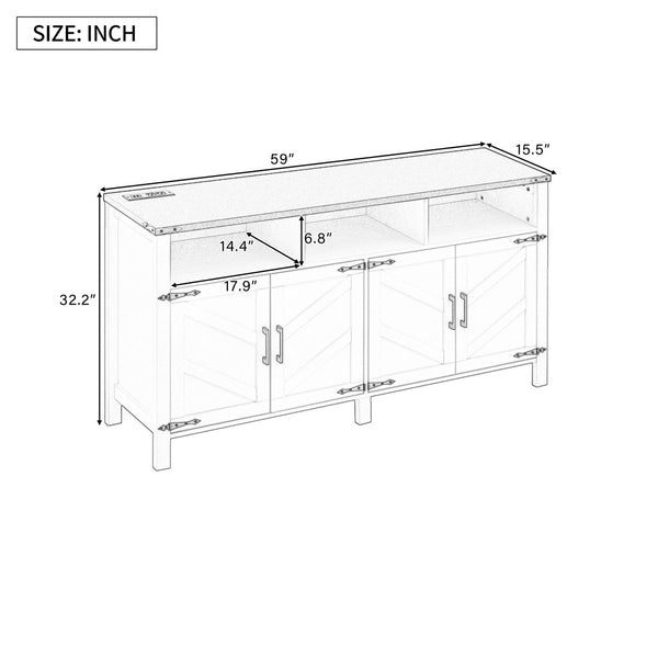 English Elm U_style 59 Inch Sideboard Buffet with Built in Power Outlets Open Cubbies Metal Accents Natural Wood N711P347407O
