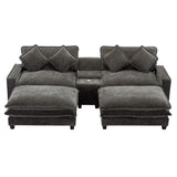 English Elm 112.6" Sectional Sofa Chenille Upholstered Sofa With Two Removable Ottoman, Two Usb Ports, Two Cup Holders and Large Storage Box For Living Room, Black