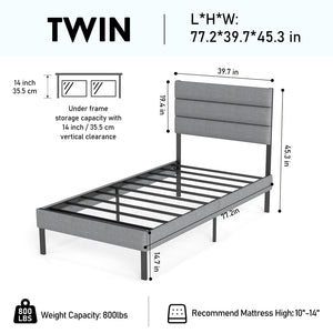 English Elm Twin Upholstered Metal Bed Frame with Headboard, No Box Spring Needed, 14" Underbed Storage, Grey/Black Modern Design T3963P385004