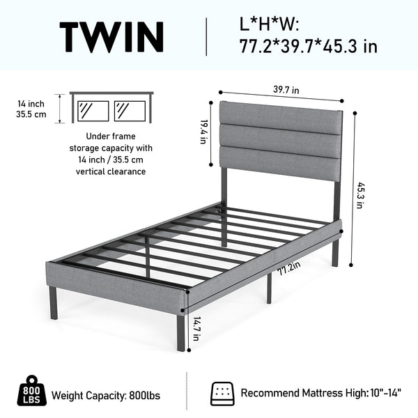 English Elm Twin Upholstered Metal Bed Frame with Headboard, No Box Spring Needed, 14" Underbed Storage, Grey/Black Modern Design T3963P385004