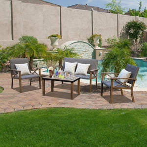 English Elm Aluminum Outdoor Conversation Set Pe Wicker 4 Piece Patio Sofa with Quick Dry Cushions W1859S00179