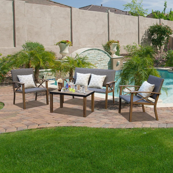 English Elm Aluminum Outdoor Conversation Set Pe Wicker 4 Piece Patio Sofa with Quick Dry Cushions W1859S00179