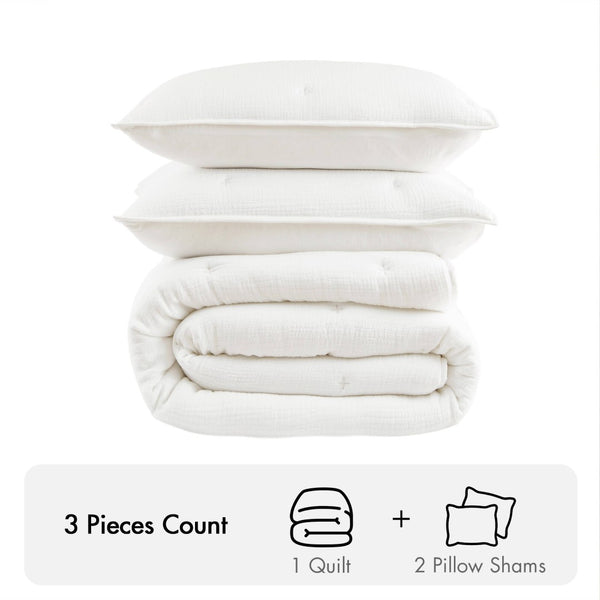 English Elm 3-piece Cotton Muslin Quilt Set Crinkled Texture Embroidered Tacking Breathable Bedding White B035P408347