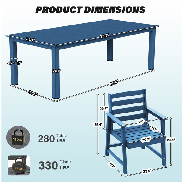 English Elm 7-piece Outdoor Dining Set with Spacious 75" HDPE Table, Aluminum Legs and Waterproof Chairs, Durable Dark Blue T3898S00003