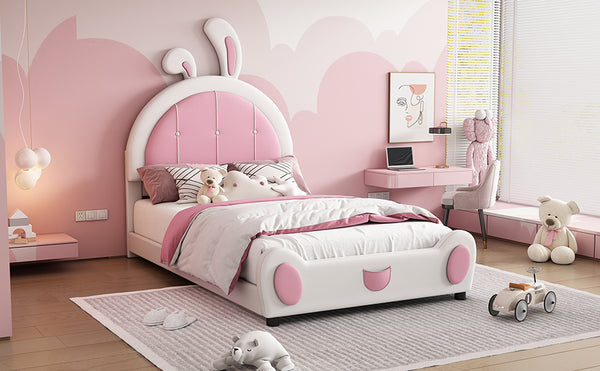 English Elm Twin Upholstered Platform Bed with Ribbit Headboard, White Pink Ears, Low-Profile Modern Frame, Cute WF323763AAK