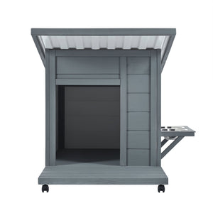 English Elm Outdoor Solid Wood Dog House with Waterproof PVC Roof, Dual Bowls, Lockable 4-Wheel Base, Grey Modern Shelter for Small Pets N843P252402B
