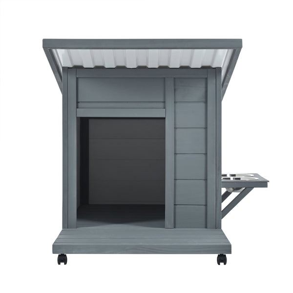 English Elm Outdoor Solid Wood Dog House with Waterproof PVC Roof, Dual Bowls, Lockable 4-Wheel Base, Grey Modern Shelter for Small Pets N843P252402B