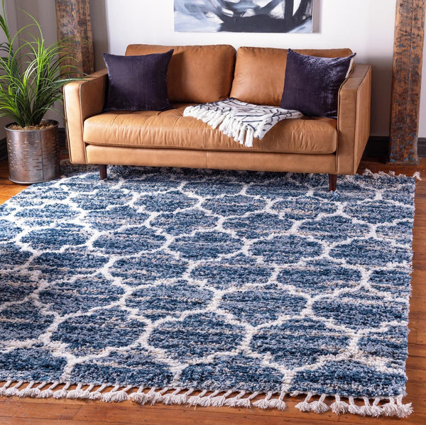 Unique Loom Hygge Shag Trellis Machine Made Trellis Rug Blue, Beige/Ivory 8' 0" x 8' 0"