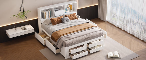 English Elm King Platform Bed with 8 Drawers Open Headboard Compartments and Pine Wood Frame White GX000454AAK-1