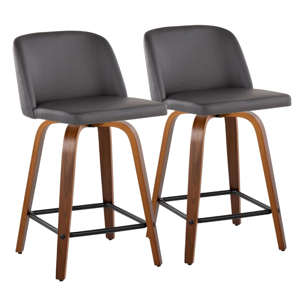 English Elm Toriano 24" Mid-Century Modern Counter Stool Set Of 2 With Walnut Wood Legs & Grey Faux Leather Seat B202S00142-GIGA