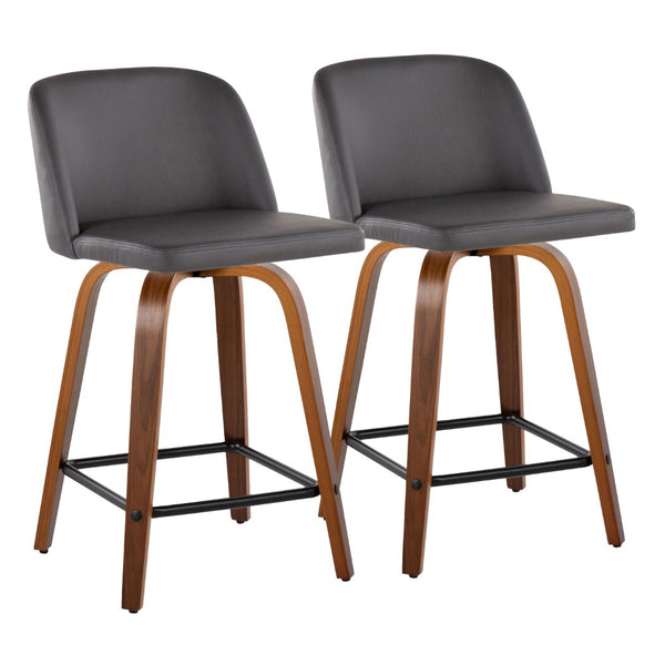 English Elm Toriano 24" Mid-Century Modern Counter Stool Set Of 2 With Walnut Wood Legs & Grey Faux Leather Seat B202S00142-GIGA