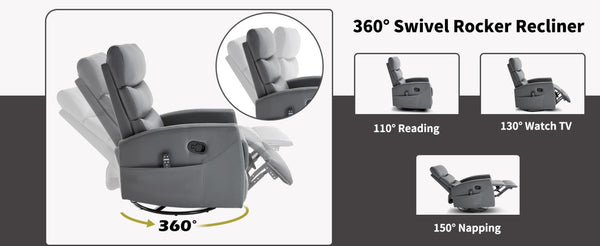 English Elm Heat Massage Rocker Swivel Recliner with 8 Vibration Nodes Fabric Lounge Chair W3224P322245