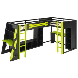 English Elm L-shaped Gaming Loft Bunk Bed Twin Wood Frame Rgb Lighting Usb Ports Storage Shelves Green LT000295AAG